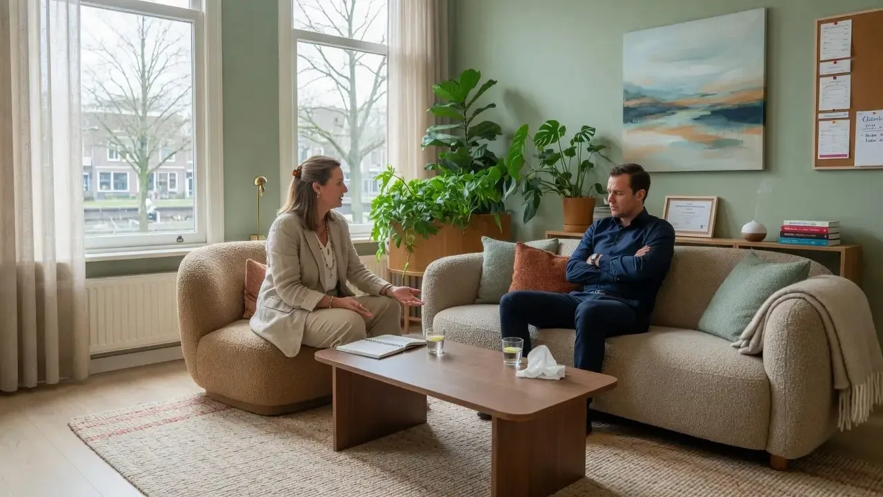 Twee mensen in gesprek in een lichte, rustige kamer